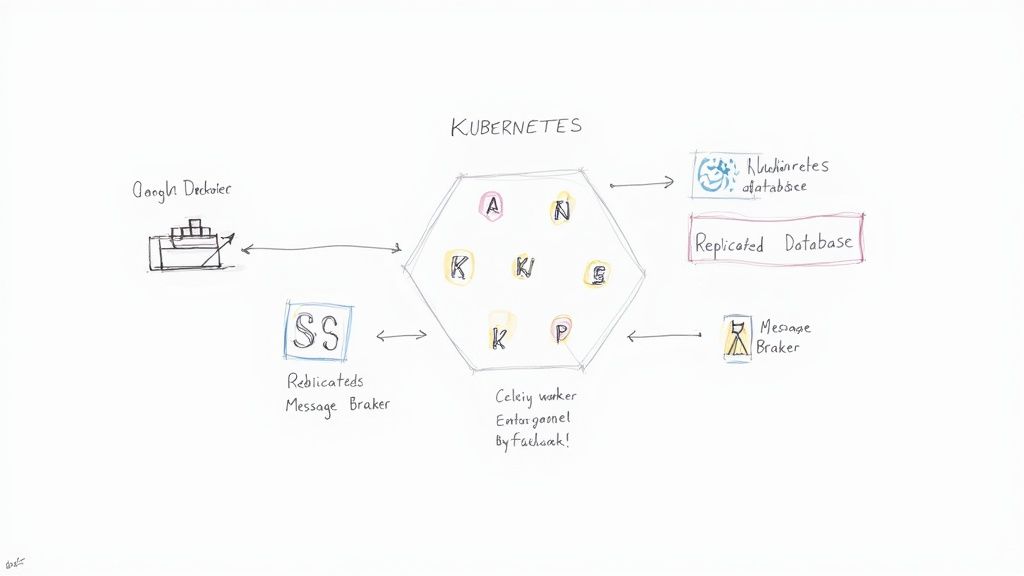 Kubernetes architecture diagram showing pods, message broker, database, and Docker container connections