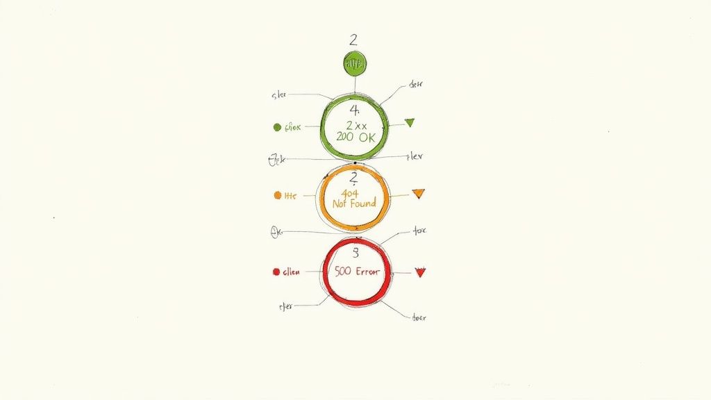 A diagram illustrating HTTP status codes: 200 OK (green), 404 Not Found (orange), and 500 Error (red), with associated labels.
