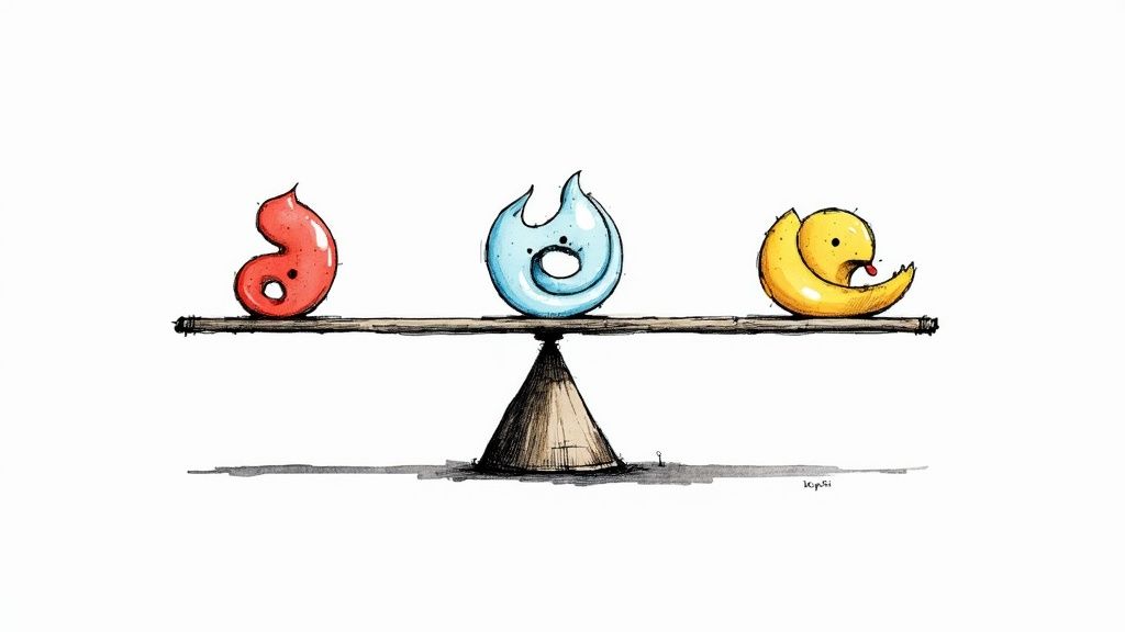 A developer at a crossroads with signs for Django, Flask, and FastAPI pointing in different directions.
