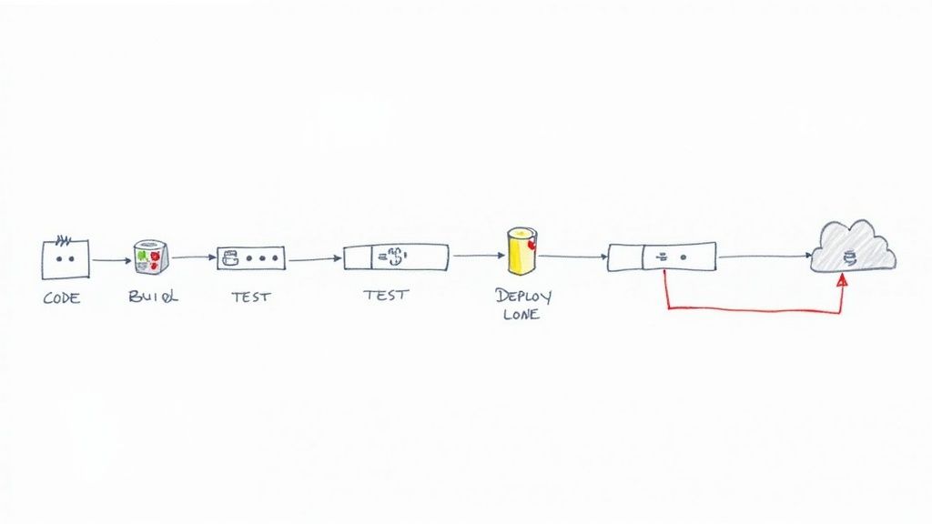 A hand drawn diagram illustrating a continuous delivery pipeline, showing stages from code to cloud deployment.