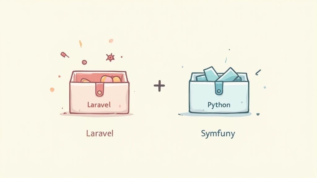 A developer navigating a vast library of frameworks and tools for PHP and Python