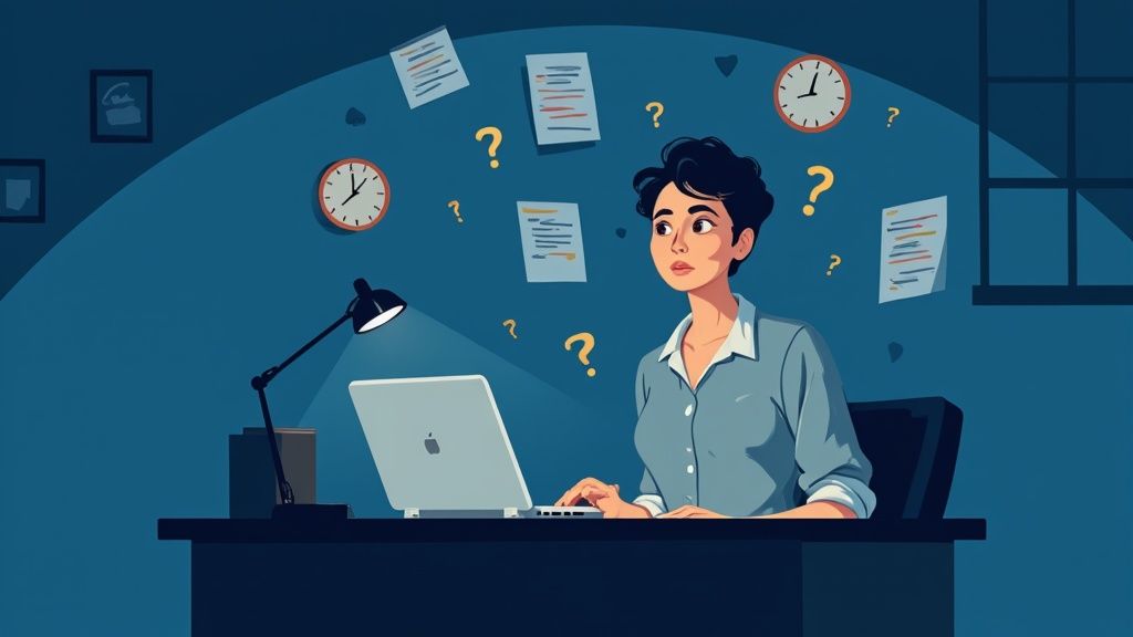A person looking stressed while working on a laptop late at night, illustrating pre launch anxiety.