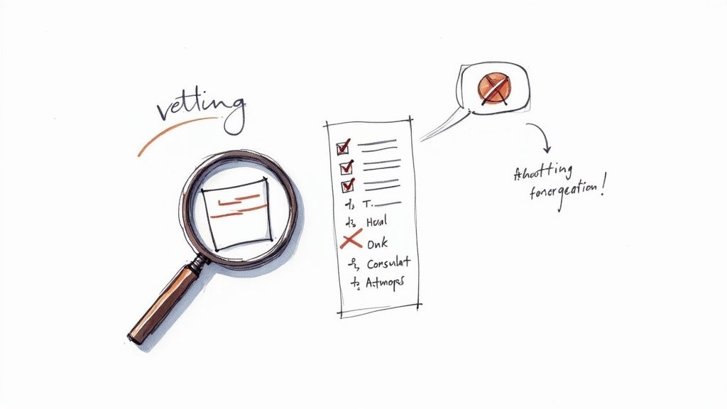 Magnifying glass examining document with checklist, showing vetting process and decision-making for startup consultants
