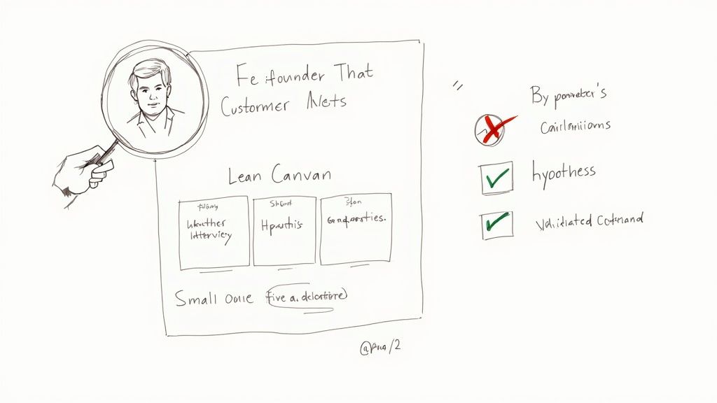 A whiteboard sketch illustrating business concepts including a magnified founder, Lean Canvas, and a validation checklist.