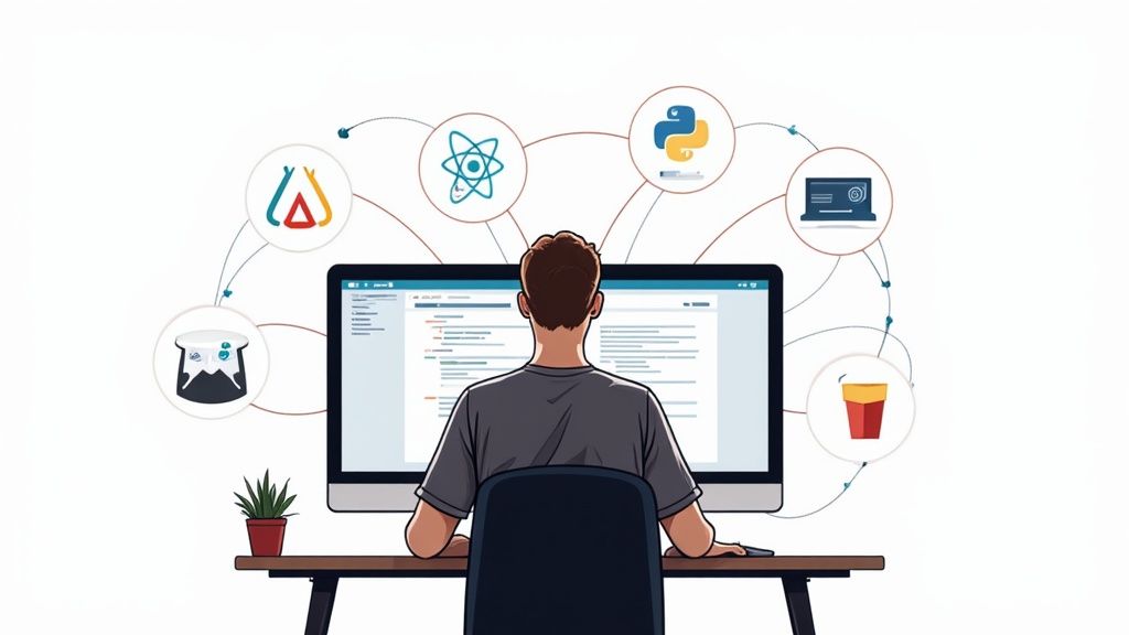A developer looking at a complex flowchart representing different technology choices.
