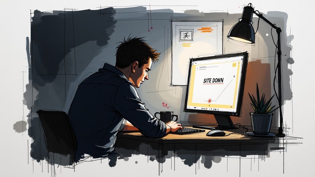 Web developer staring at computer screen displaying site down error message at desk