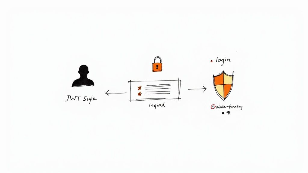 Diagram illustrating a JWT authentication flow with a user, an 'ingind' component, and a login shield.