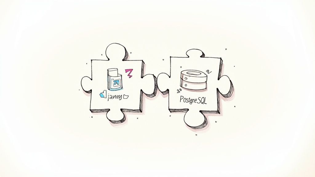A stylized image showing the Django and PostgreSQL logos side by side, symbolizing their partnership.