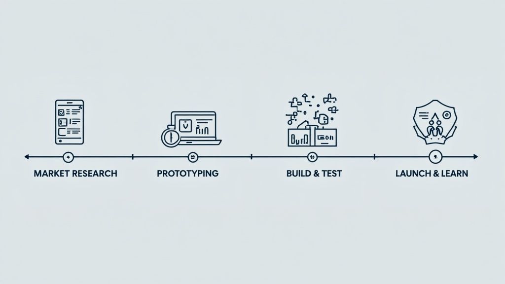 A roadmap or journey map with icons representing different stages of MVP development.