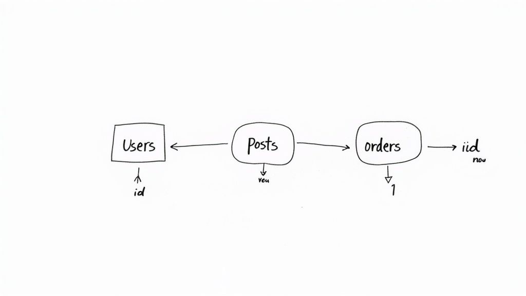 A hand-drawn diagram illustrating a data model with Users, Posts, and Orders entities and their relationships.
