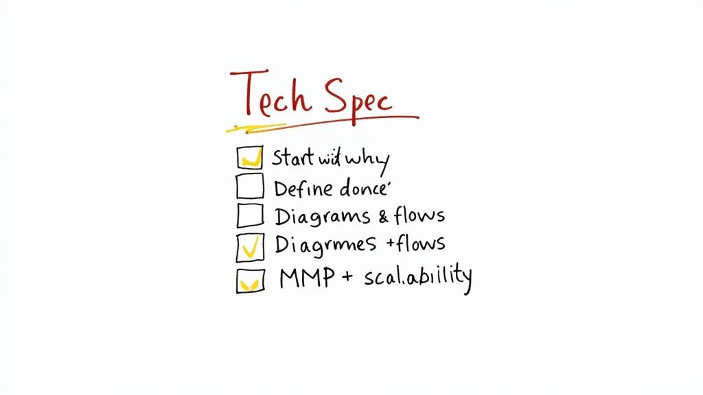 A handwritten checklist titled 'Tech Spec' with items like 'start with why' and 'MMP + scalability'.