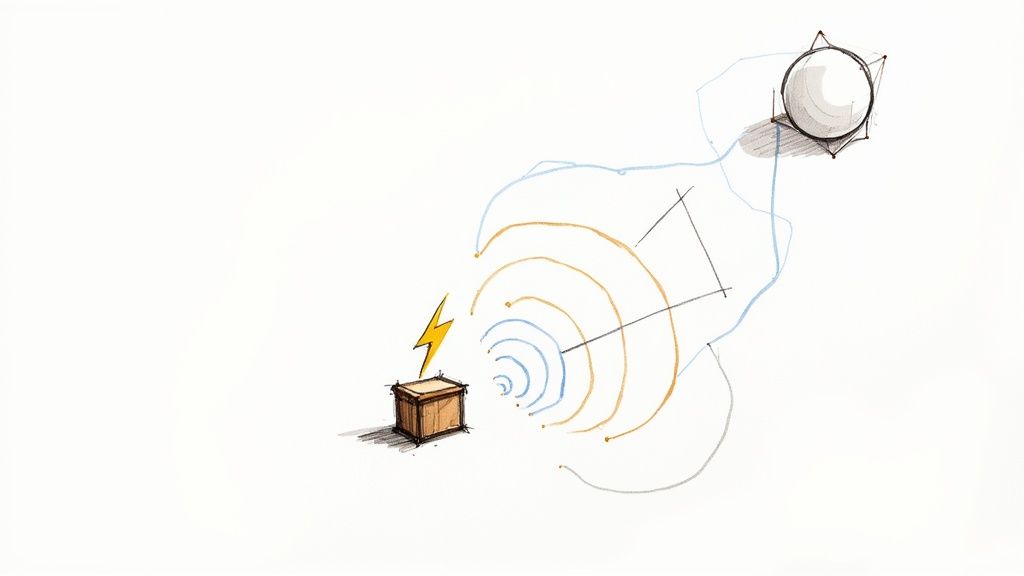 A simplified diagram illustrates a box emitting waves with a lightning bolt, reaching a spherical object.