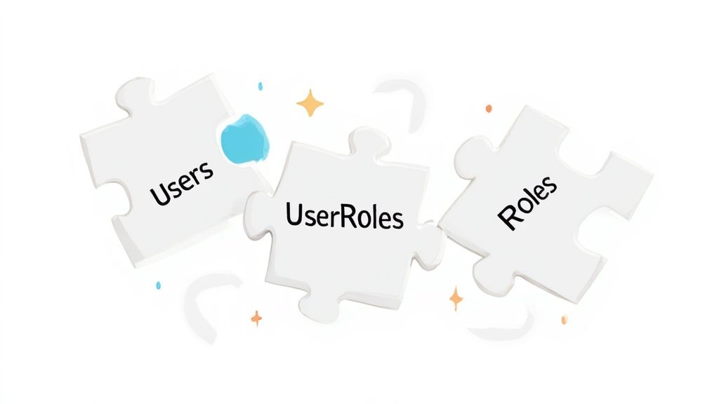 A visual representation of a junction table connecting two main tables, Users and Roles.