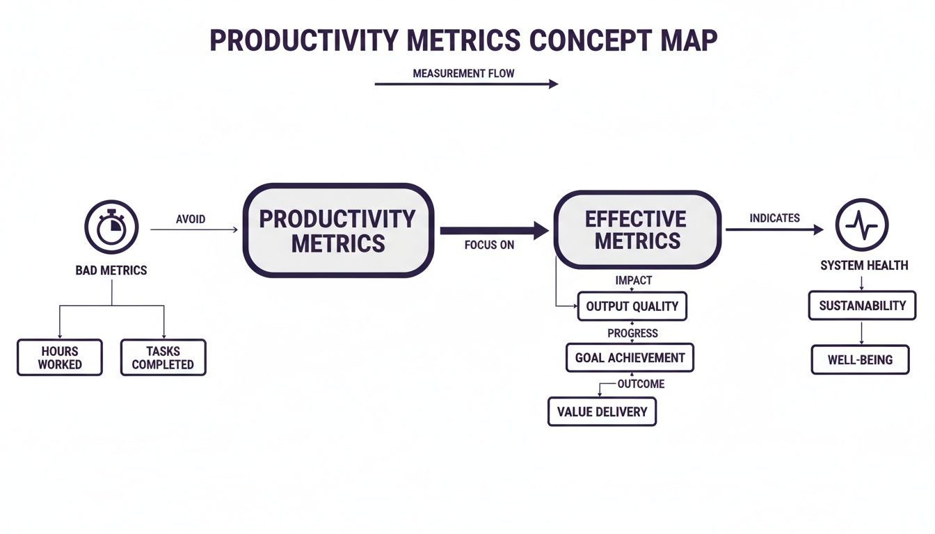A concept map showing productivity metrics, contrasting bad metrics like hours worked with effective metrics for system health.
