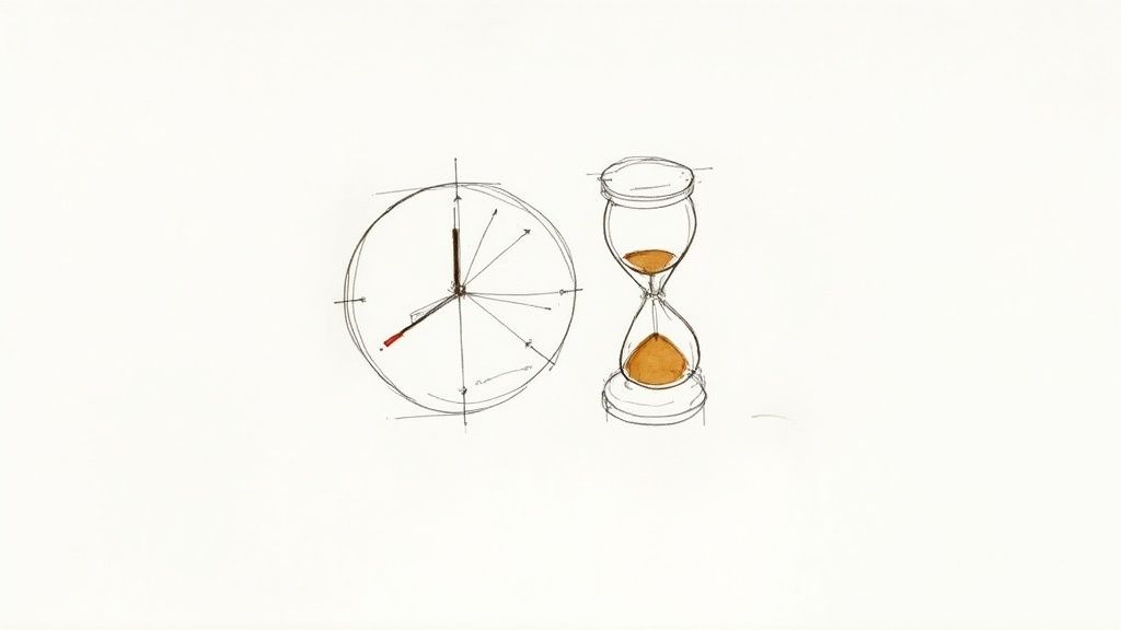 Hand-drawn sketch of a clock and hourglass with sand, symbolizing time and planning.