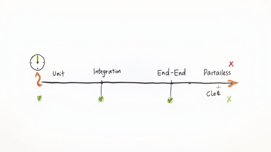 Hand-drawn timeline illustrates software testing stages: Unit, Integration, End-End, and a final stage with errors.