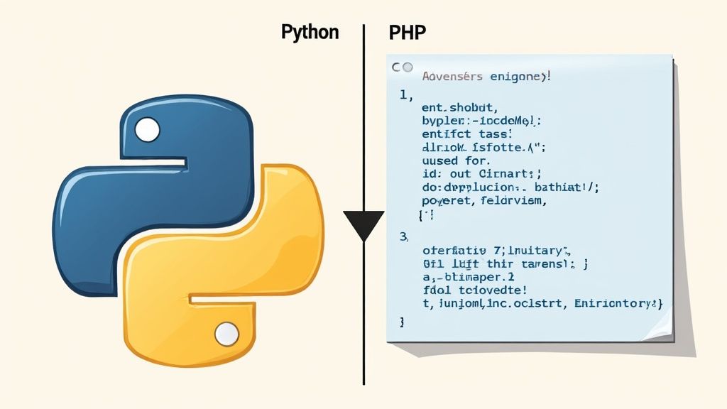 A meme showing a relaxed developer for Python and a stressed developer for PHP