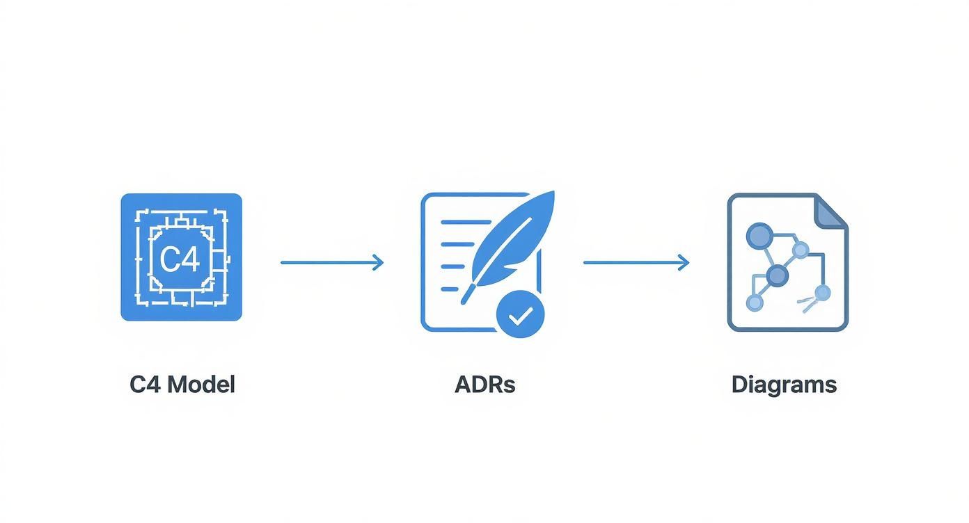 A diagram illustrating the software architecture documentation workflow: C4 Model leads to ADRs, which then generate diagrams.