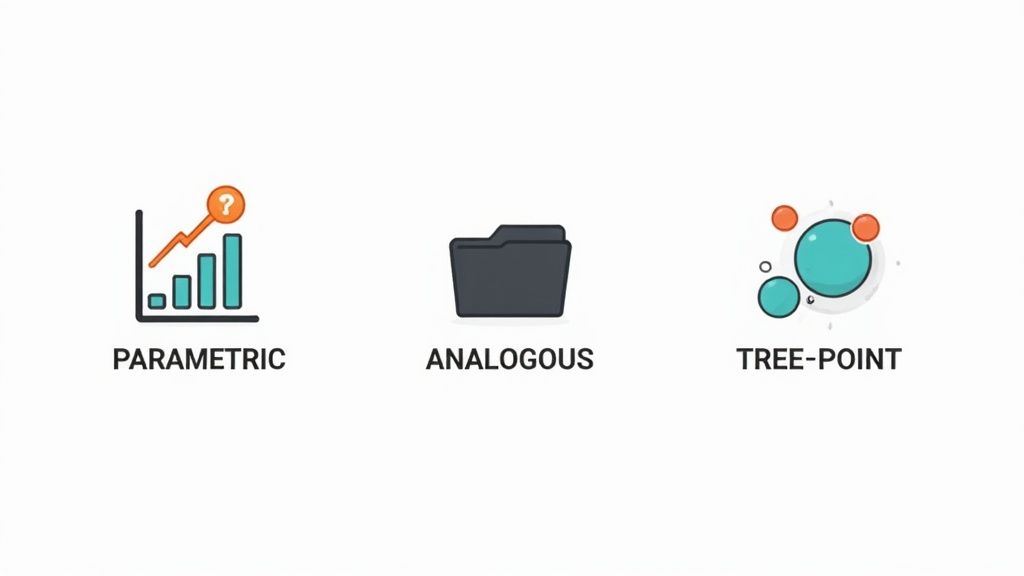 A variety of tools like a hammer, wrench, and ruler laid out on a blueprint, symbolizing different estimation techniques for a software project.