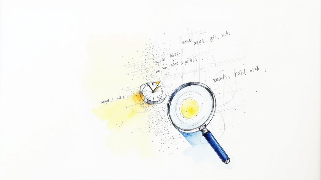 Magnifying glass examining clock with scattered notes representing code review analysis and time management