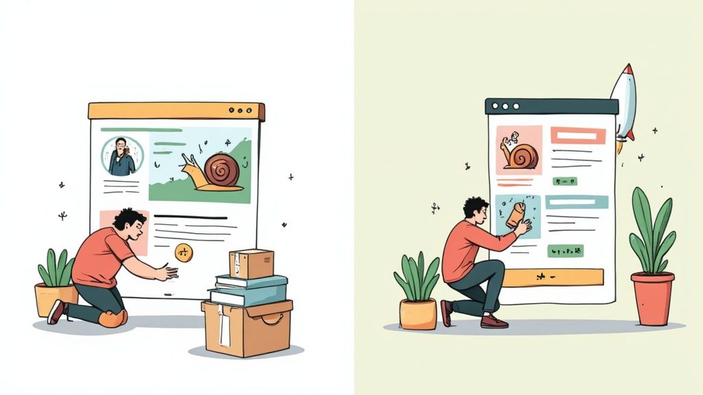 Illustration of a rocket launching from a laptop screen, symbolizing speed and growth.