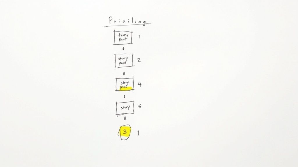 A handwritten diagram titled 'Prioiliog' displaying a numbered list of 'story point' items, some highlighted.