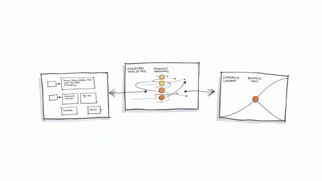 Three-panel diagram showing technical roadmap connecting engineers, fundraising, and business goals with leadership framework