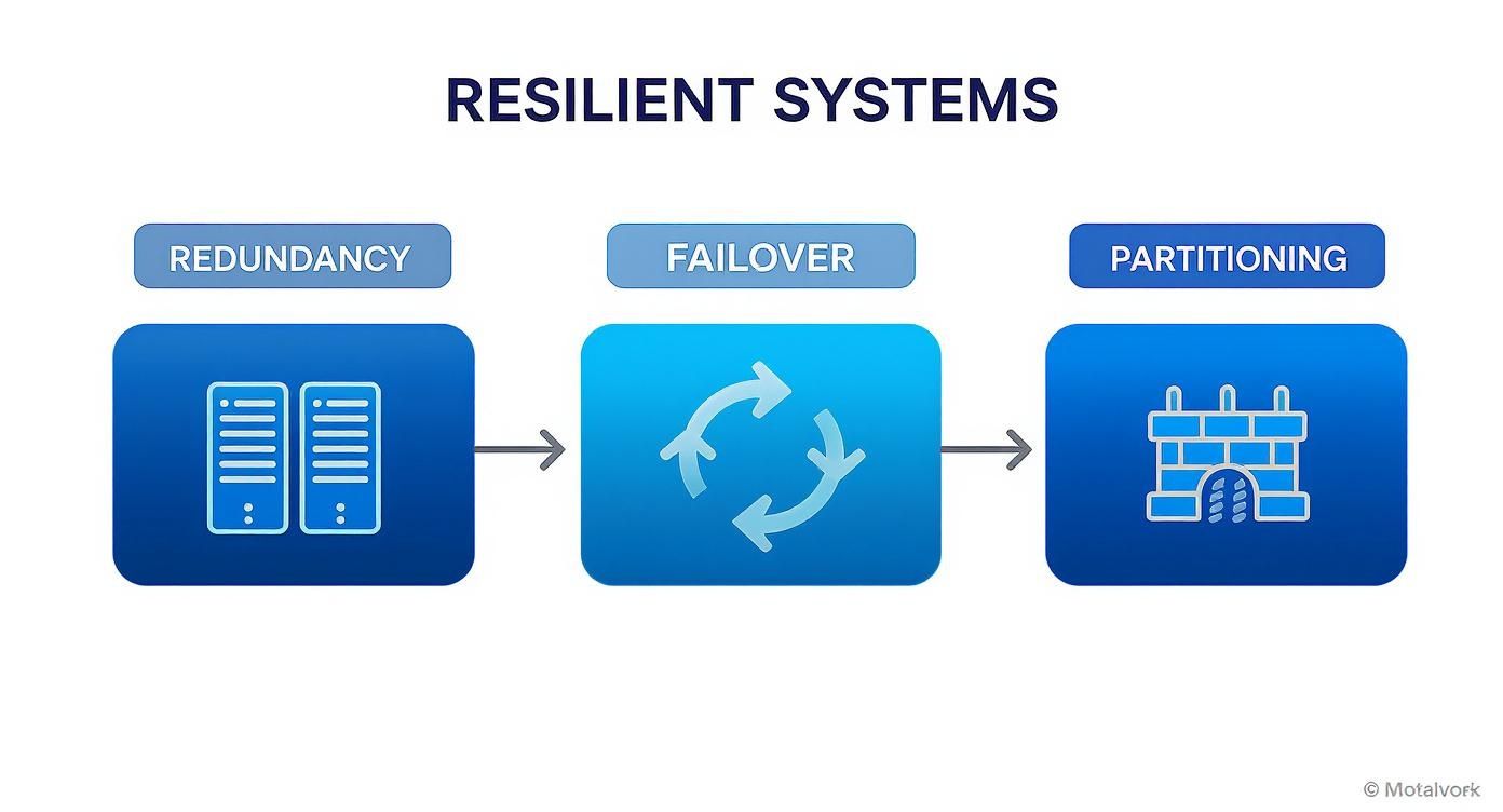 Diagram showing resilient systems architecture with redundancy, failover mechanisms, and partitioning components illustrated with server and firewall icons
