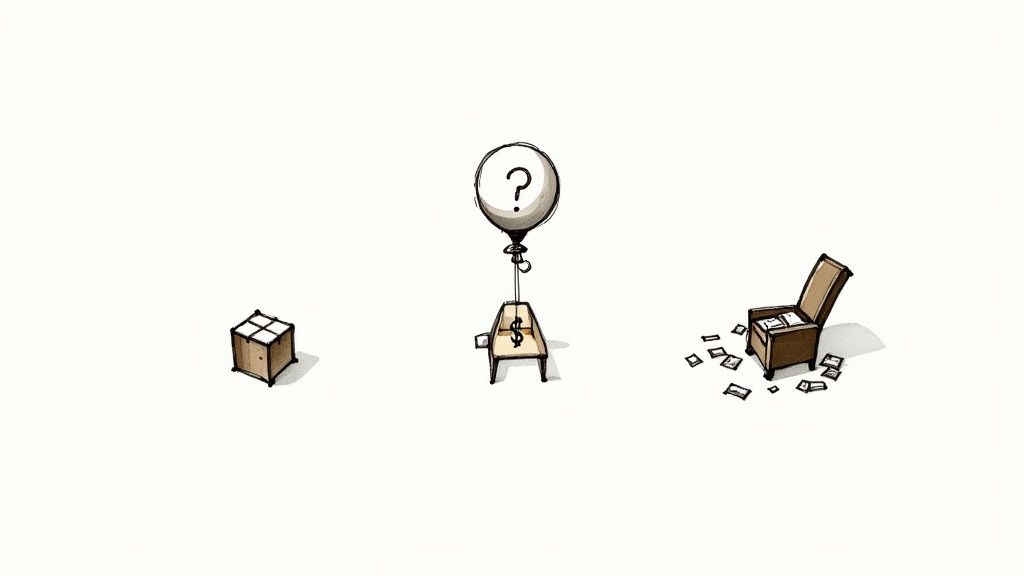 Three wooden boxes showing different states: sealed, weighing scale with question mark, and opened with scattered documents