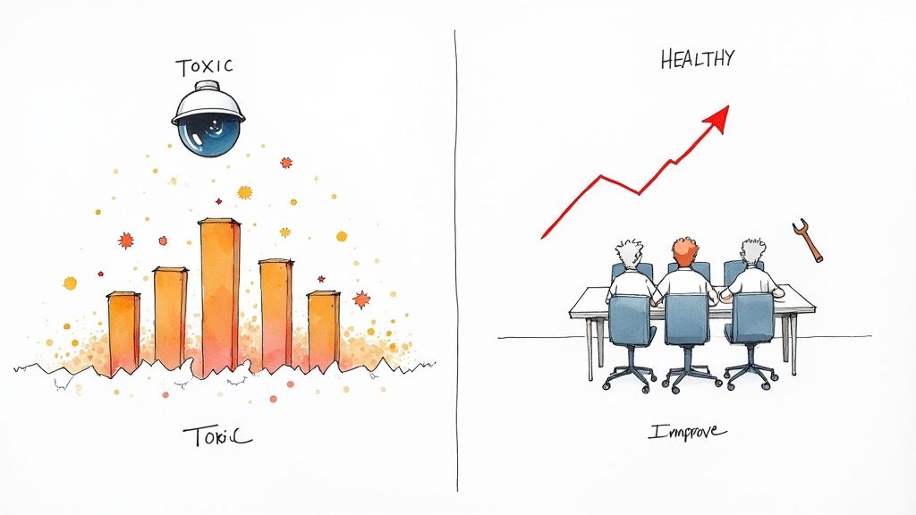 Illustration contrasting toxic workplace metrics under surveillance with a healthy team improving productivity, shown with an upward trend and tools.