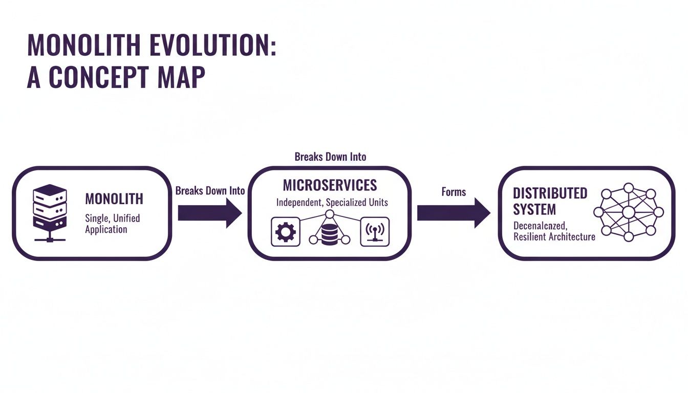 A concept map showing the evolution from a monolith to microservices and then to a distributed system.