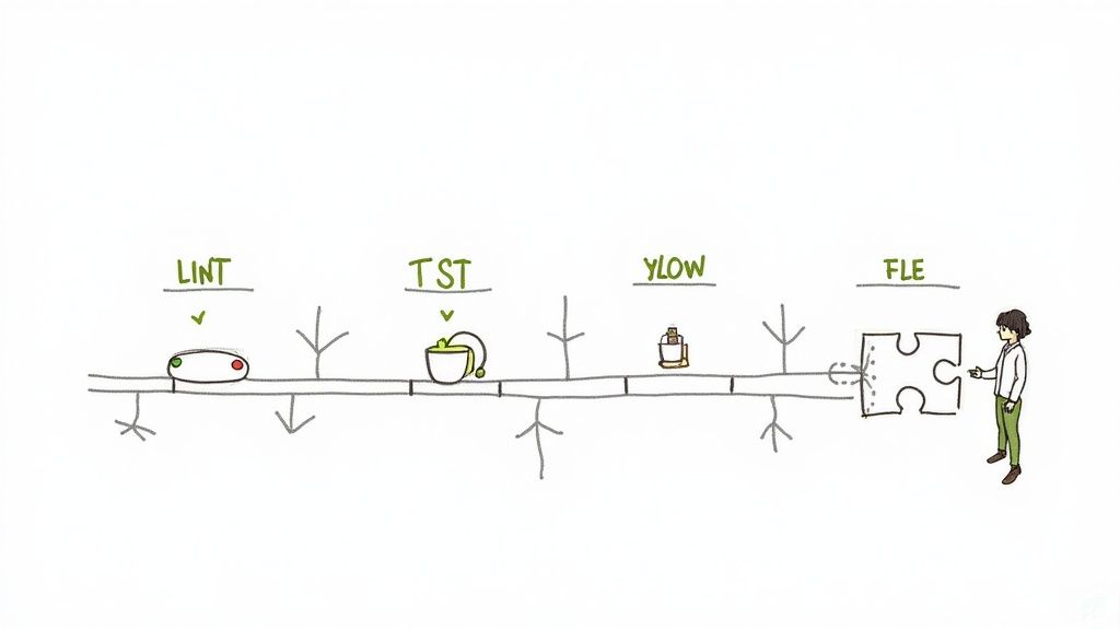 Conveyor belt workflow diagram showing lint, test, YLOW, and FLE stages with developer at end