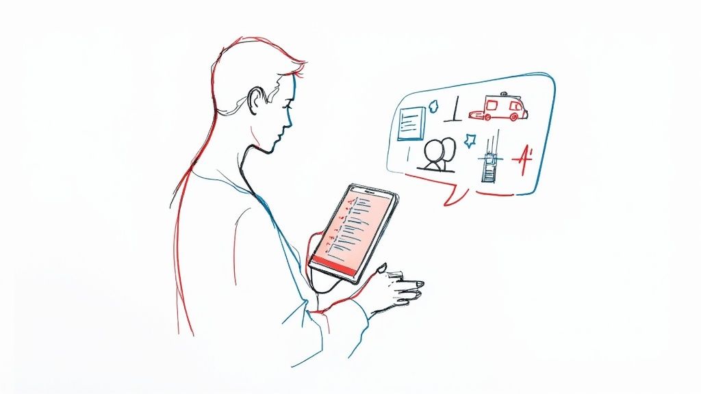 A sketch of a person using a tablet, with a thought bubble showing icons related to information, medical, and community.