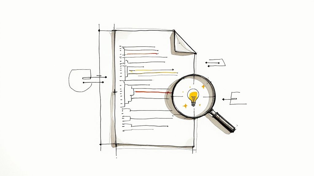 Magnifying glass highlighting lightbulb idea on document with colorful data charts and graphs