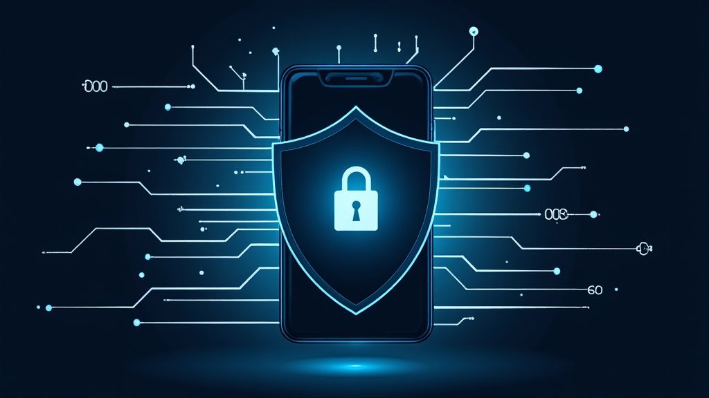 A digital illustration of a shield and a key protecting a vault, symbolizing security and compliance in fintech.