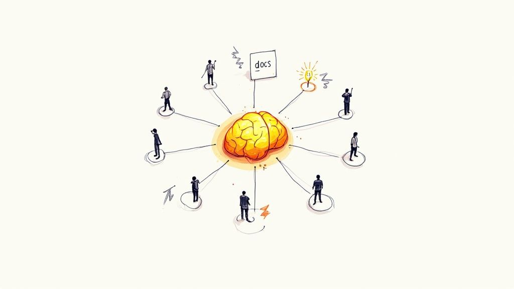 A central glowing brain connected by lines to people, a 'docs' sign, and an idea lightbulb.