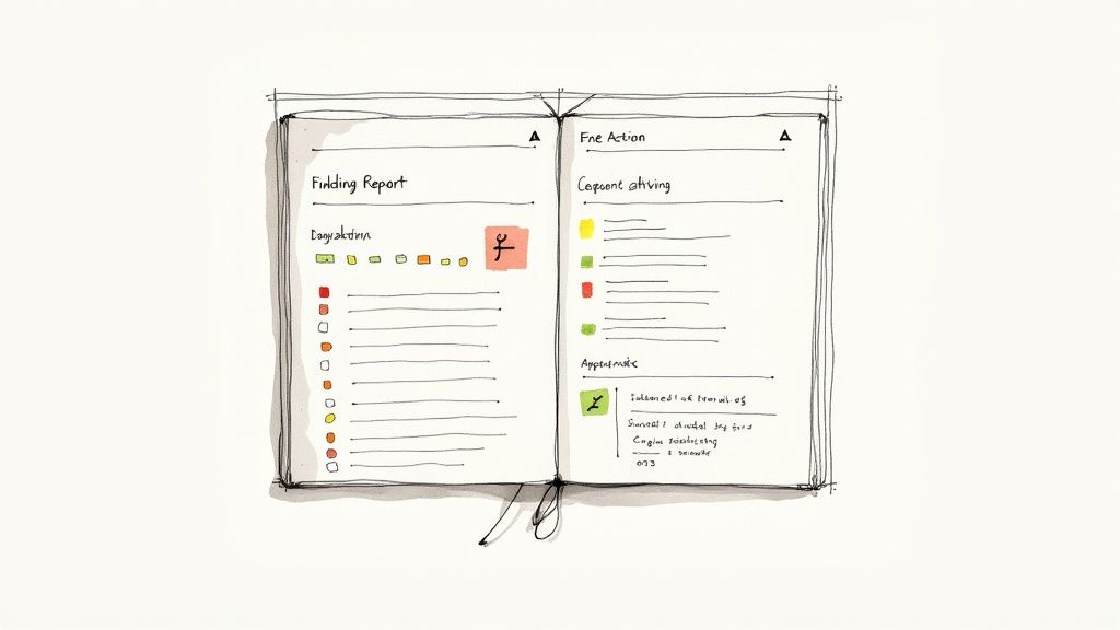 A hand-drawn open notebook with a 'Finding Report' on the left page and 'Fne Action' on the right, featuring colorful status indicators and notes.