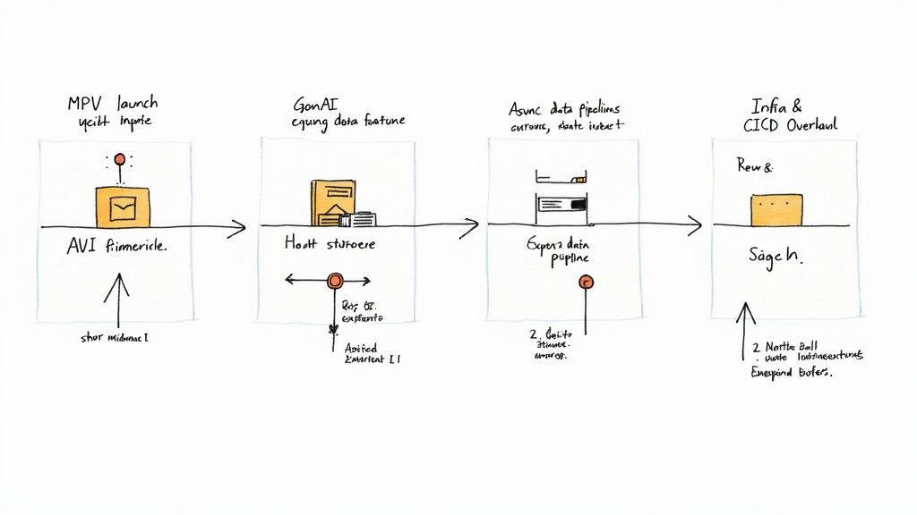 Technical roadmap diagram showing MVP launch workflow from AWS Timepiece through Sage integration phases