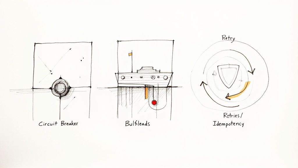Hand-drawn diagrams illustrating three distributed system design patterns: Circuit Breaker, Bulkheads, and Retries/Idempotency.