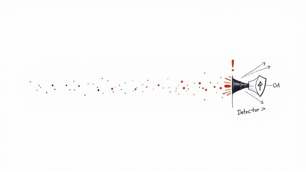 A diagram showing a stream of particles entering a detector, causing an event and output.