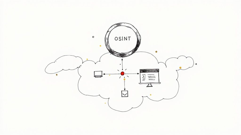Hand drawn diagram showing OSINT gathering information from digital sources within a cloud network.