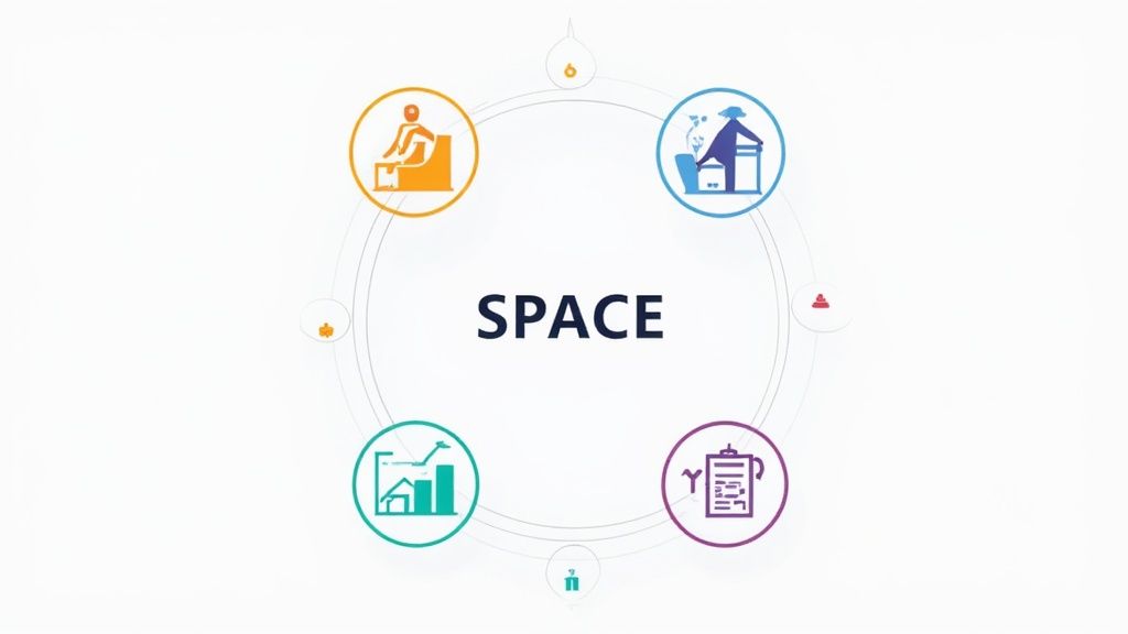 A group of diverse engineers collaborating on a project, representing the holistic nature of the SPACE framework.