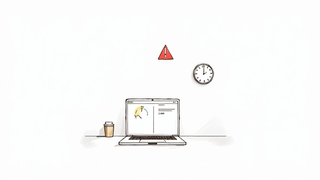 A minimalist drawing of a desk with a laptop, coffee cup, wall clock, and an alert symbol, depicting late night work.