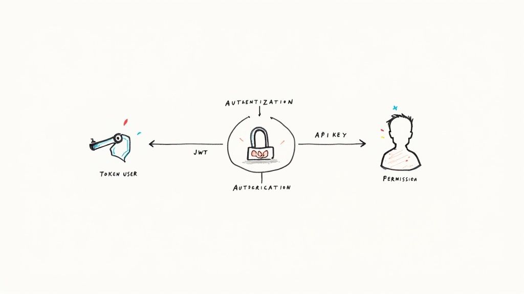 A diagram illustrates API key and JWT authentication and authorization flow for user permissions.