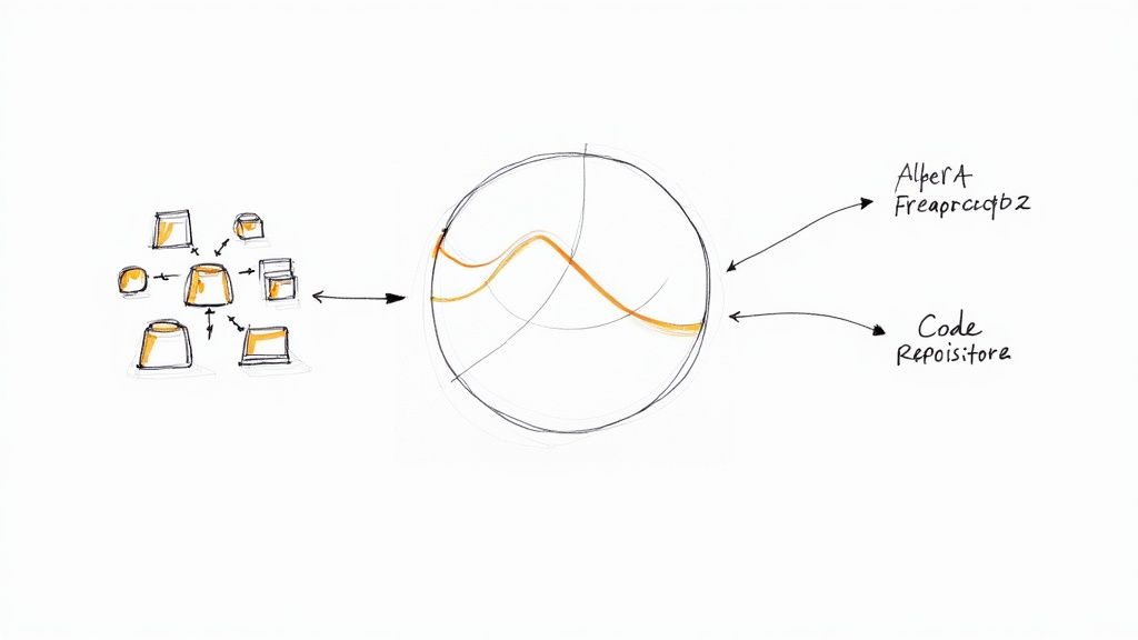 Conceptual diagram illustrating system components interacting with a central process, connected to a code repository.