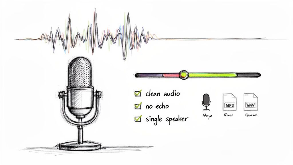 Sketch illustrating audio processing: a microphone, waveform, clean audio, no echo, single speaker, MP3, and WAV files.