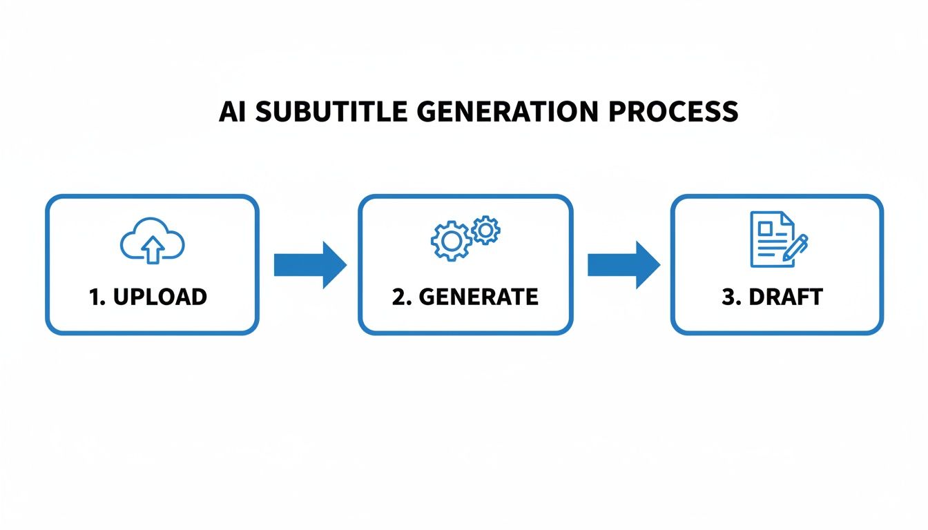 A three-step flowchart illustrating the AI subtitle generation process: upload, generate, and draft.