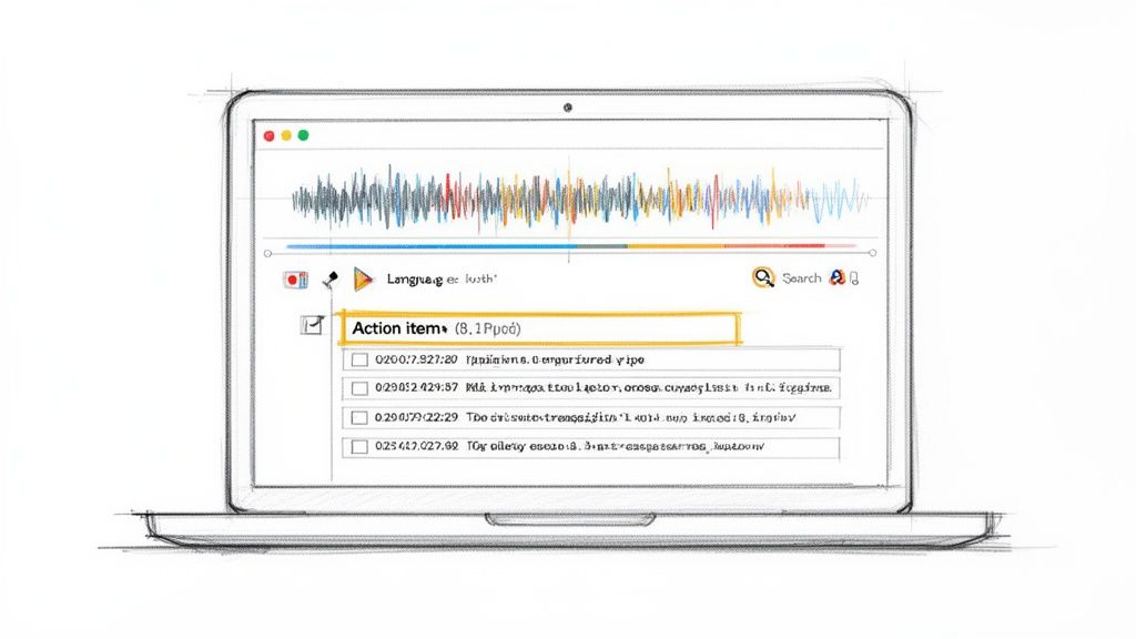 Sketch of a laptop showing an audio transcription interface with a waveform and text entries.
