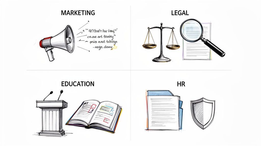 Illustrative sketch depicting business functions: Marketing, Legal, Education, and HR, with relevant symbols.