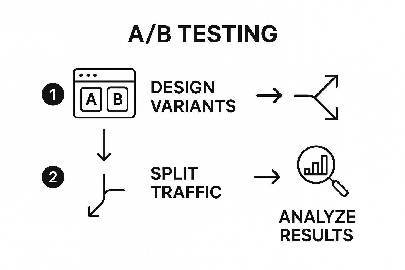 Infographic showing the three-step process of A/B Testing: 1) Design Variants, 2) Split Traffic, 3) Analyze Results.